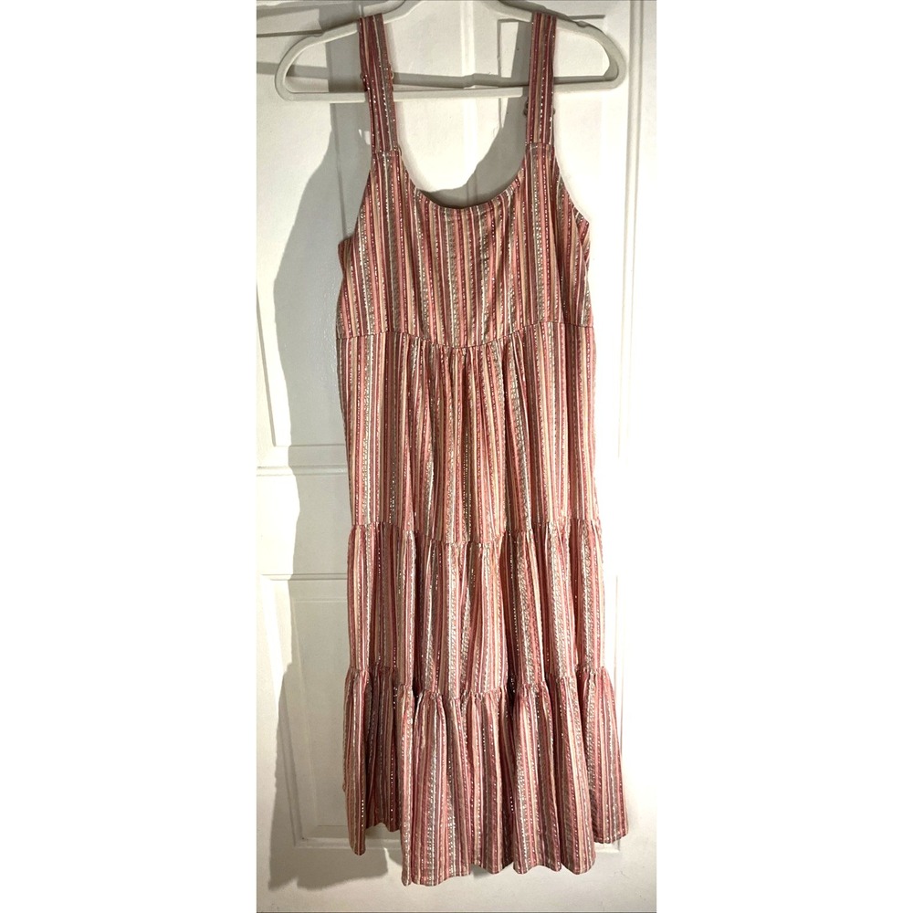 Linda Anderson Rose Gold Metallic Striped Tiered Midi Sundress Women's L - Picture 2 of 9